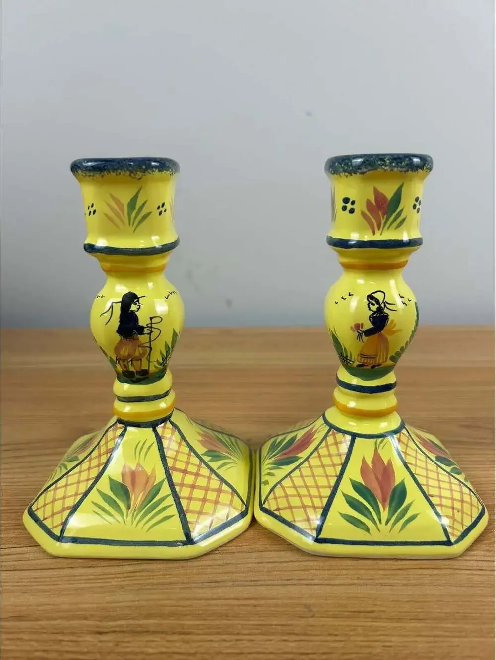 Henriot Quimper French Art Pottery Soleil Yellow Floral Candlestick Pair